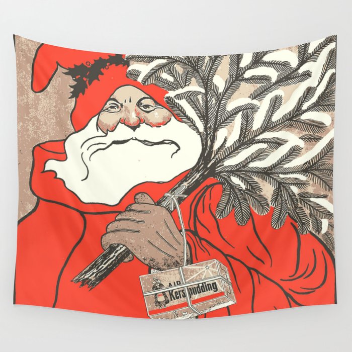 Christmas Pudding And Vintage Santa Vector Wall Tapestry