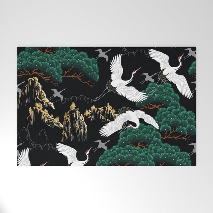 Japanese Flying Crane Wild Emerald Forest Pattern Welcome Mat