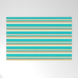 [ Thumbnail: Tan, Light Yellow, and Dark Turquoise Colored Lined Pattern Welcome Mat ]