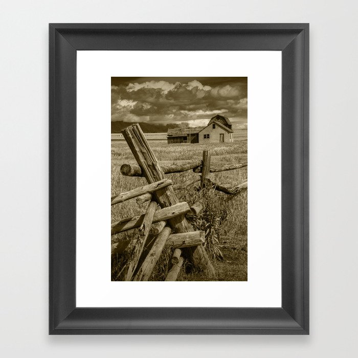 Sepia Toned Moulton Farm with Wood Fence in the Grand Teton National Park Framed Art Print
