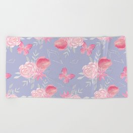 Pink morning. Floral pattern with butterflies. Beach Towel
