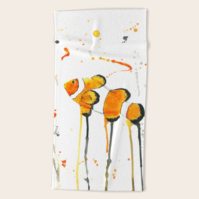 Clownfish Watercolor Painting Beach Towel By Elliewatercolorart