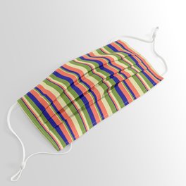 [ Thumbnail: Pale Goldenrod, Green, Dark Blue & Red Colored Stripes/Lines Pattern Face Mask ]