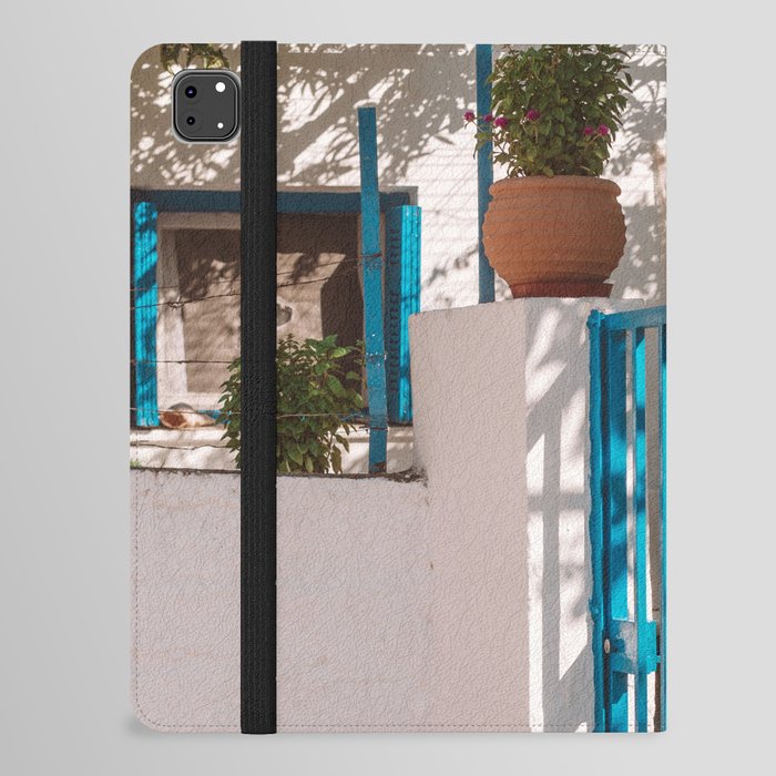 Greek Still Live with Flower Pot and Blue Door | Mediterranean Scene on the Cycladic Islands of Greece | Travel and Summer Photography iPad Folio Case