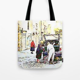Barbarano Romano: elderly woman in red with man and woman load luggage into the car Tote Bag