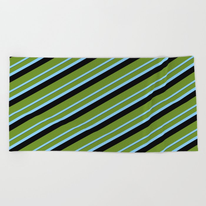 Green, Light Sky Blue, and Black Colored Lined/Striped Pattern Beach Towel