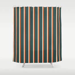[ Thumbnail: Beige, Red, and Dark Slate Gray Colored Striped Pattern Shower Curtain ]