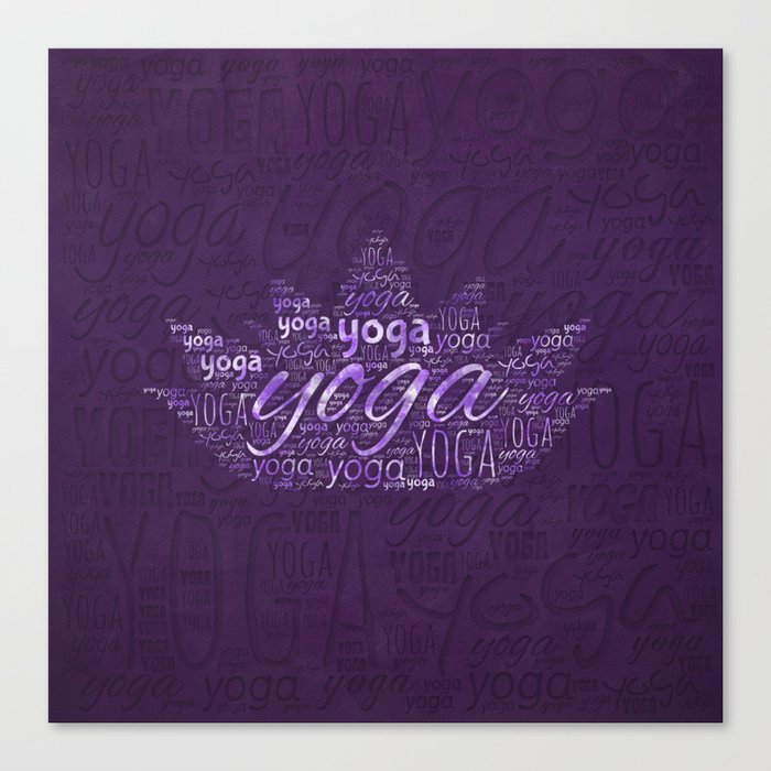 Yoga Word Art in Lotus shape on  Purple Canvas Print