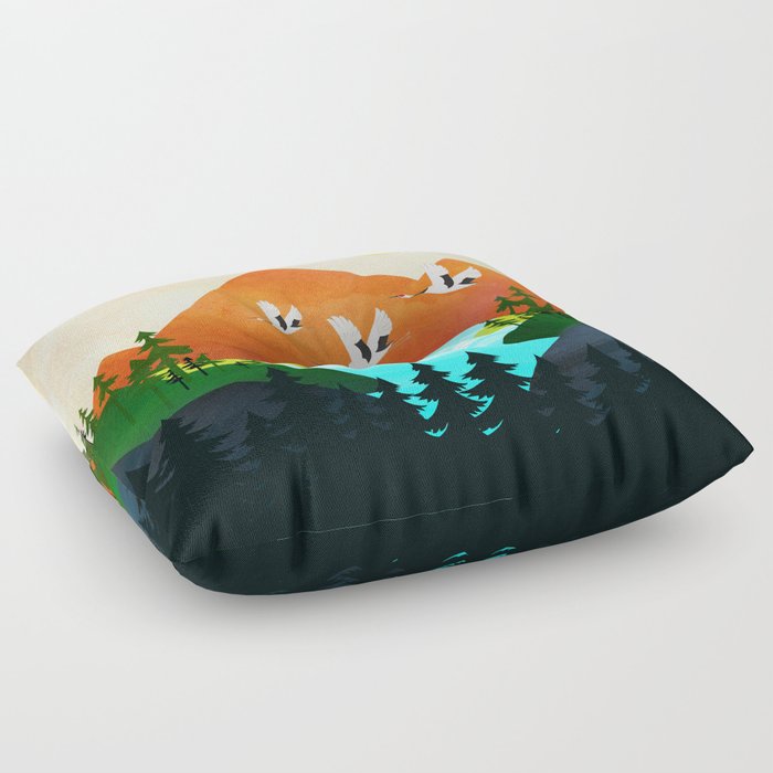 Beautiful flight over the peaceful mountain lake Floor Pillow