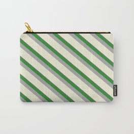[ Thumbnail: Dim Grey, Forest Green, Dark Gray & Beige Colored Pattern of Stripes Carry-All Pouch ]