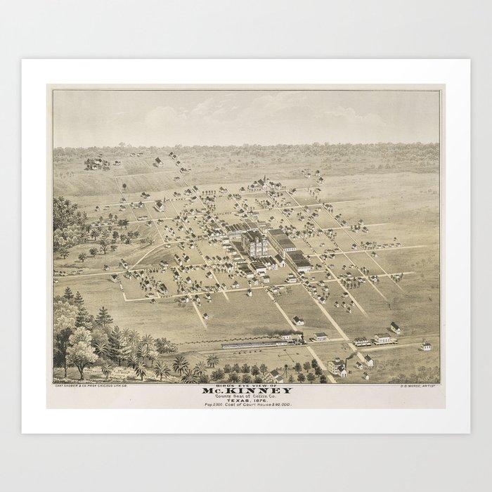 Vintage Pictorial Map of McKinney Texas (1876) Art Print by