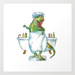 T-rex taking bath dinosaur painting Art Print | Card, Design, Illustration, Sketch, Curated, Watercolor, Pattern, Background, Silhouette, Hand 