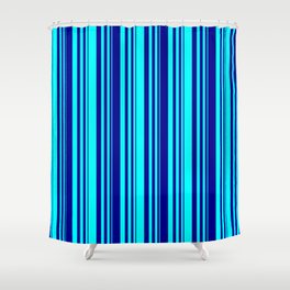 [ Thumbnail: Aqua & Dark Blue Colored Stripes/Lines Pattern Shower Curtain ]