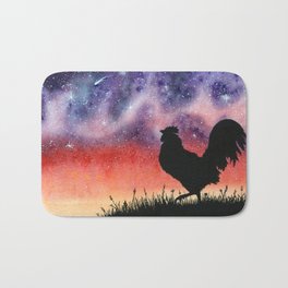 Sunset Rooster and Starry Sky Watercolor Bath Mat | Stars, Galaxy, Purple, Watercolorrooster, Watercolorgalaxy, Milkyway, Silhouette, Curated, Birds, Watercolor 