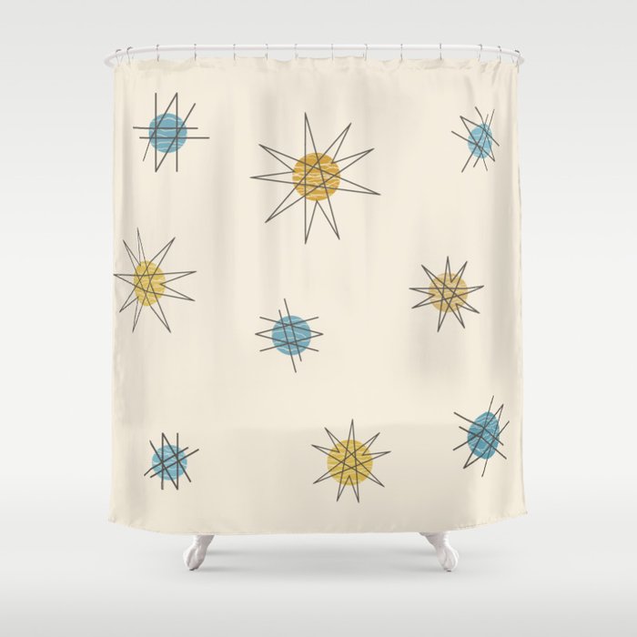 Atomic Age Sputnik Starburst Planets Shower Curtain By Zennykenny