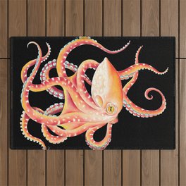 Red Orange Octopus Watercolor On Black Outdoor Rug