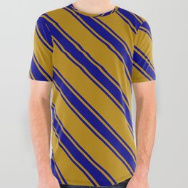 [ Thumbnail: Dark Goldenrod & Blue Colored Stripes Pattern All Over Graphic Tee ]
