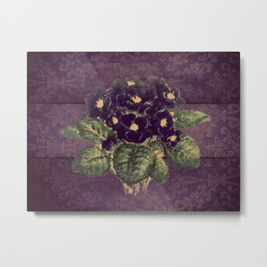 Violettes on vintage purple distressed damask Metal Print