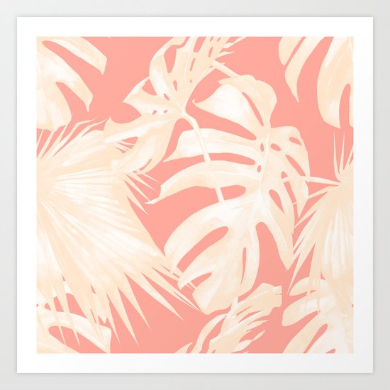 Tropical Coral Pink Palm Leaf Pattern Art Print