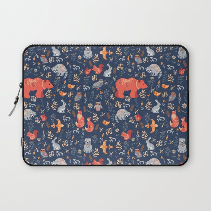 Fairy-tale forest. Fox, bear, raccoon, owls, rabbits, flowers and herbs on a blue background. Seamle Laptop Sleeve