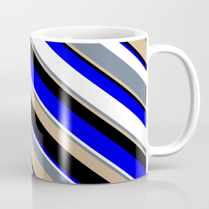 Vibrant Slate Gray, Tan, Black, Blue, and White Colored Striped/Lined Pattern Coffee Mug
