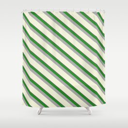[ Thumbnail: Dim Grey, Forest Green, Dark Gray & Beige Colored Pattern of Stripes Shower Curtain ]