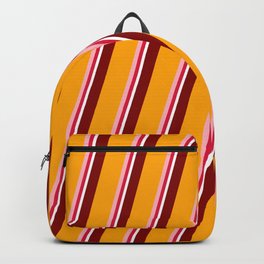 [ Thumbnail: Colorful Maroon, Orange, Light Pink, Crimson, and White Colored Lines/Stripes Pattern Backpack ]