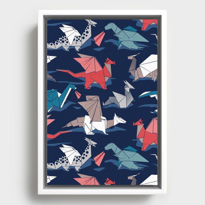 Origami dragon friends // oxford navy blue background blue red grey and taupe fantastic creatures Framed Canvas