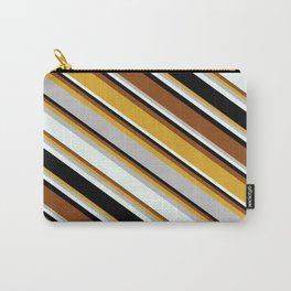 [ Thumbnail: Eyecatching Goldenrod, Grey, Mint Cream, Black, and Brown Colored Stripes Pattern Carry-All Pouch ]