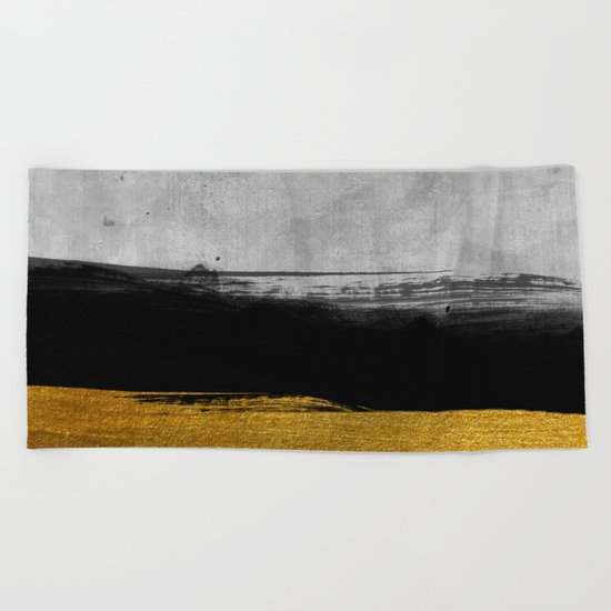 Black and Gold grunge stripes on modern grey beton abstract backround I- Stripe- Striped Beach Towel