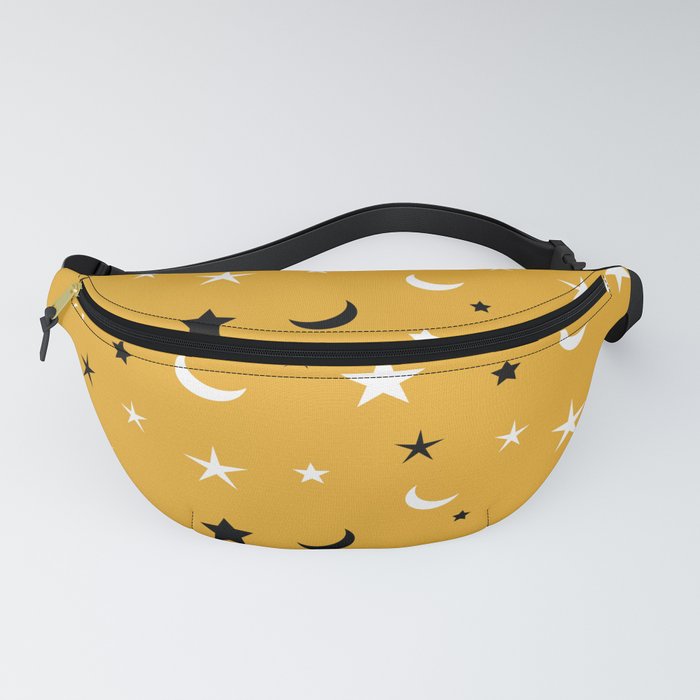 Orange background with black and white moon and star pattern Fanny Pack