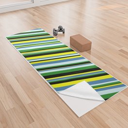 [ Thumbnail: Yellow, Blue, Light Cyan, Forest Green, and Black Colored Stripes Pattern Yoga Towel ]