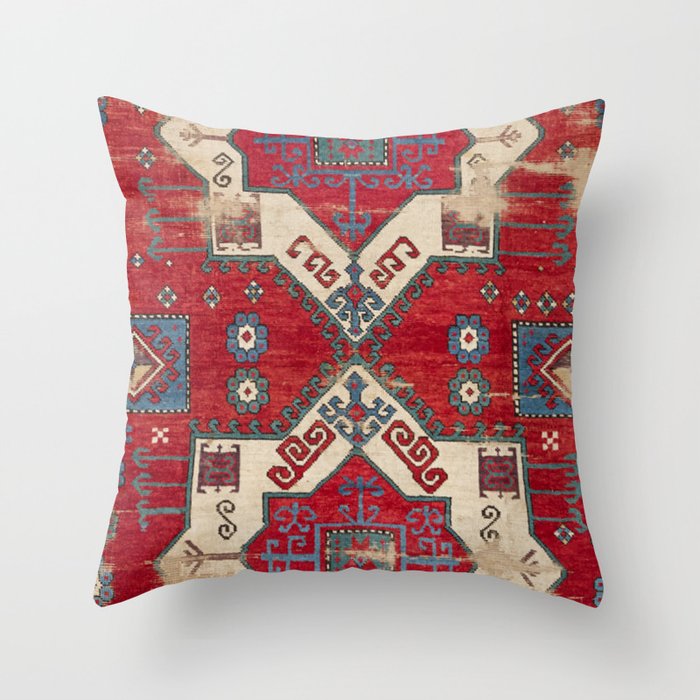 Fire Red Ornamental Motif // 19th Century Authentic Distressed Colorful Blue Flower Accent Pattern Throw Pillow