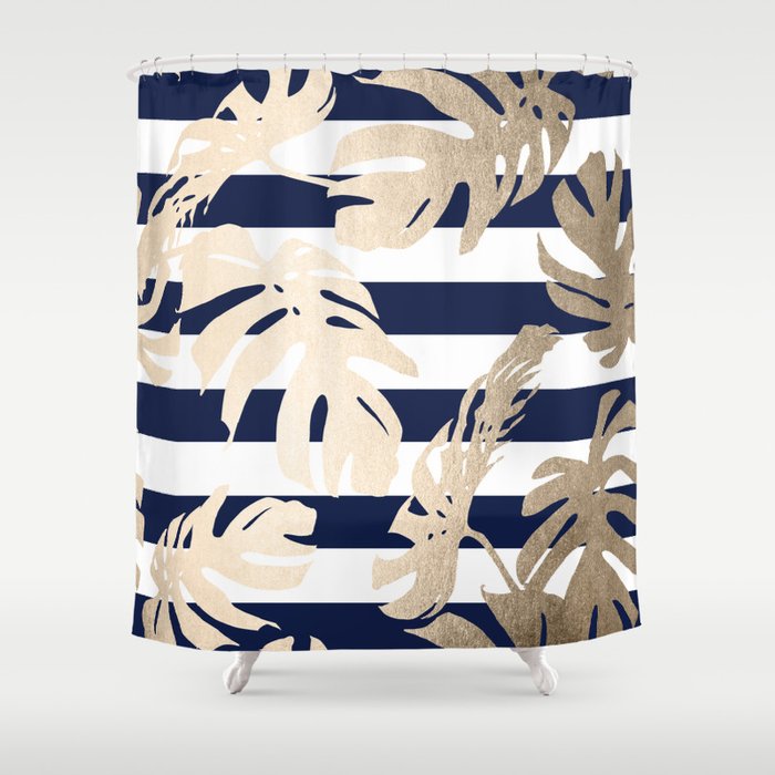Simply Tropical Palm Leaves On Navy Stripes Shower Curtain By