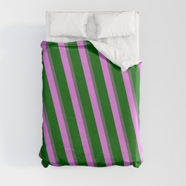 [ Thumbnail: Dim Grey, Violet, and Dark Green Colored Lines Pattern Duvet Cover ]