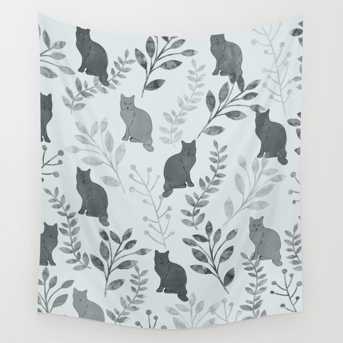 Watercolor Floral and Cat VI Wall Tapestry