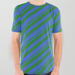 [ Thumbnail: Forest Green & Royal Blue Colored Lined Pattern All Over Graphic Tee ]