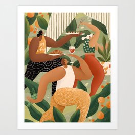 Yoga & Snacks Art Print | Pattern, Green, Friendship, Modern, Digital, People, Colorful, Food, Sushi, Yogi 