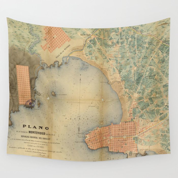 Vintage Map of Montevideo Uruguay (1867) Wall Tapestry by BravuraMedia 