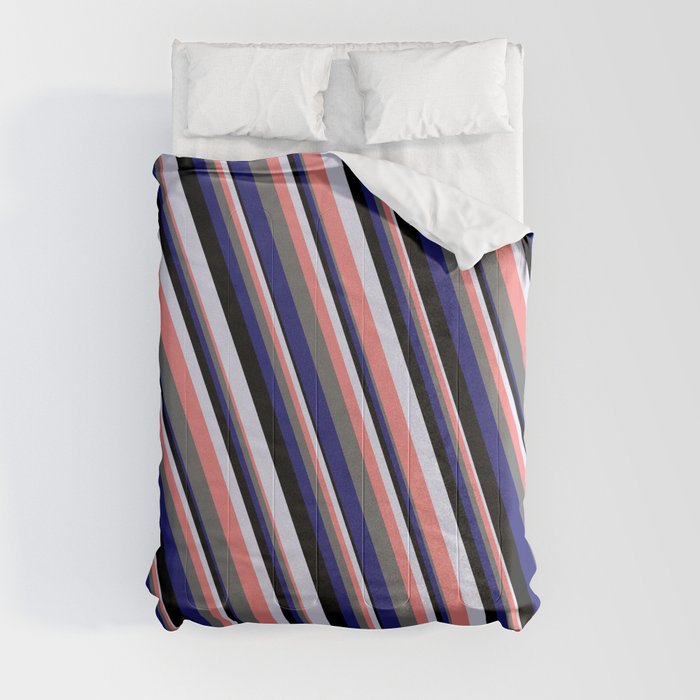 Eye-catching Lavender, Light Coral, Dim Gray, Midnight Blue & Black Colored Striped/Lined Pattern Comforter