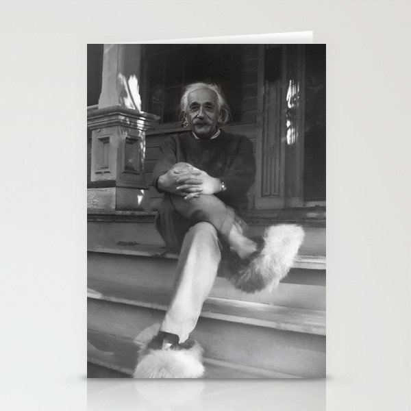 Funny Einstein in Fuzzy Slippers Classic Black and White Satirical Photography - Photographs Stationery Cards