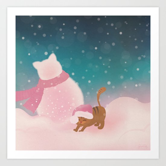 Snow Tabby Cat & Her Snowman, Indigo Snowy Background Art Print