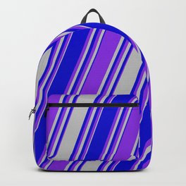 [ Thumbnail: Grey, Blue & Purple Colored Stripes Pattern Backpack ]