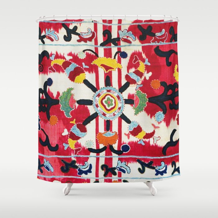 Ikat Suzani  Antique Uzbekistan Tribal Wedding Bedsheet Print Shower Curtain