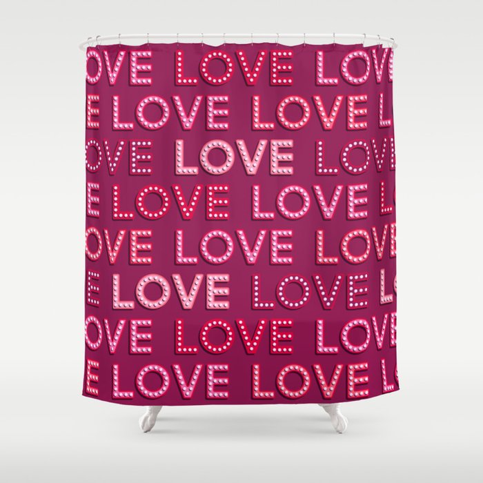 LOVE LOVE LOVE vintage light bulbs lettering burgundy Valentine's Shower Curtain