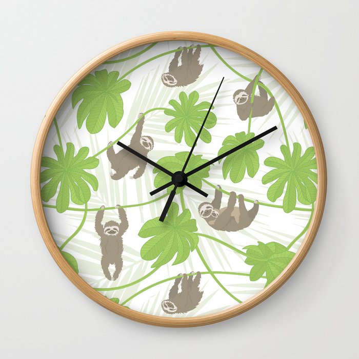 Happy Sloths and Cecropia leaves Wall Clock