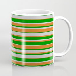 [ Thumbnail: Grey, Chocolate, and Green Colored Lined Pattern Coffee Mug ]