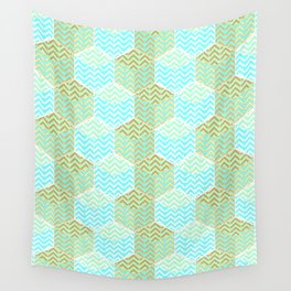 Cubes in teal and golden chevron Wall Tapestry