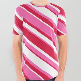 [ Thumbnail: Crimson, White & Hot Pink Colored Striped/Lined Pattern All Over Graphic Tee ]