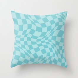 Warped Checkered Pattern in Aqua Blue, Wavy Checkerboard Throw Pillow